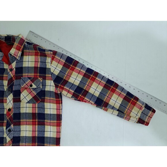 Plaid Flannel Size Medium Quilted Lined Shirt Shacket Red Blue Button Insulated - Picture 9 of 9